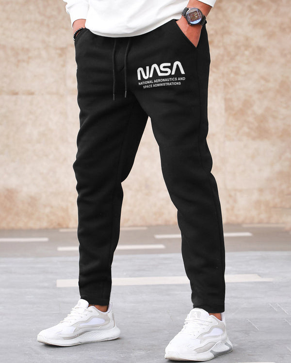 Men Black NASA Printed Cotton Trackpant