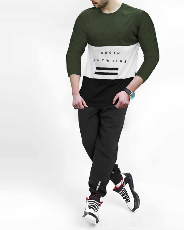 Full Sleeve Olive Green Color Block T-shirt | Black Trackpant Tracksuit