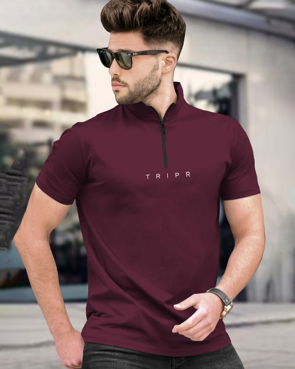 Men plain Maroon Short Sleeve Zip Neck T-Shirt