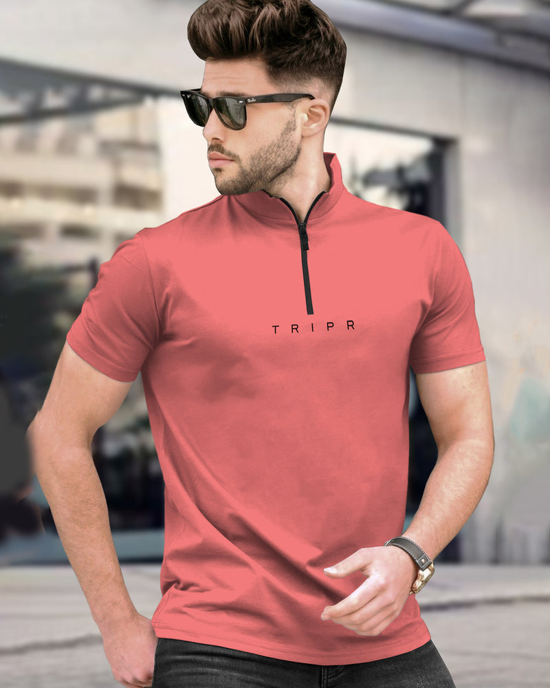 Men Pink High Neck Half Sleeve Zipper T-Shirt