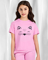 Girls Pink Graphic Printed Round Neck Half Sleeve T-Shirt