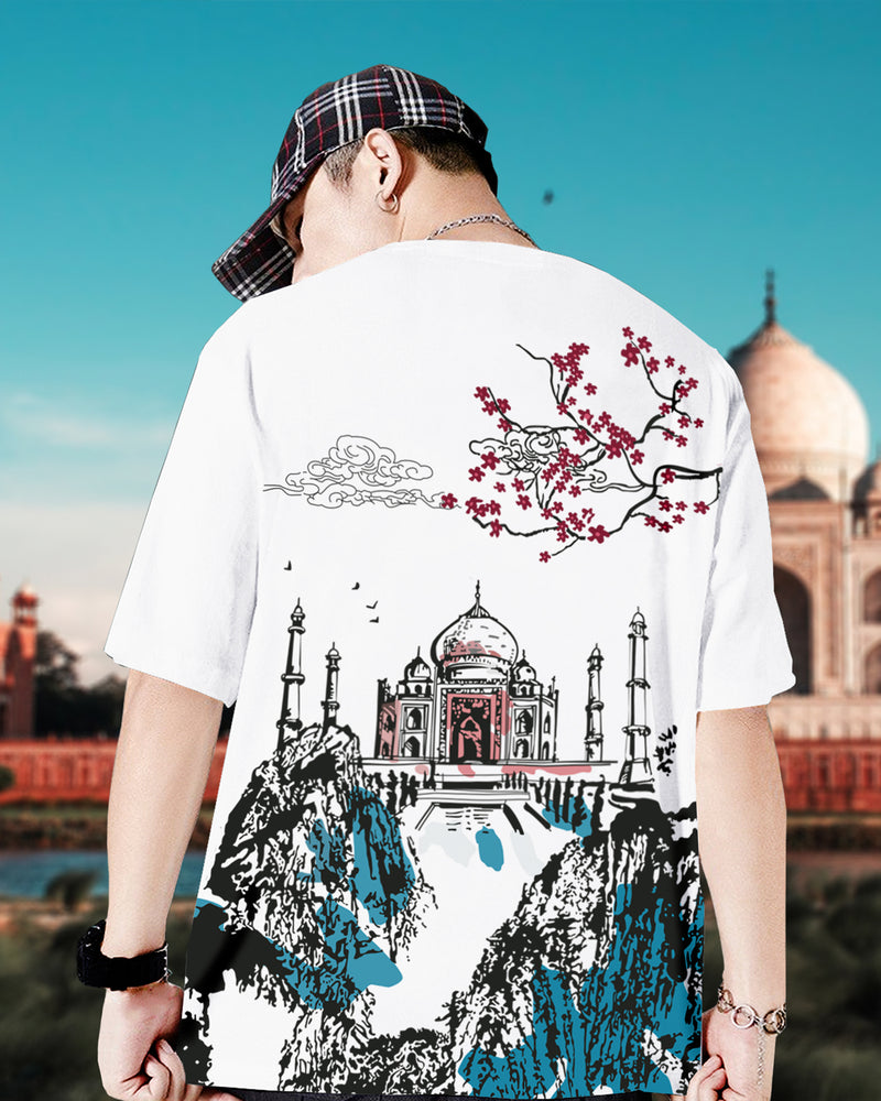 Men White Tajmahal Graphic Oversized T-shirt