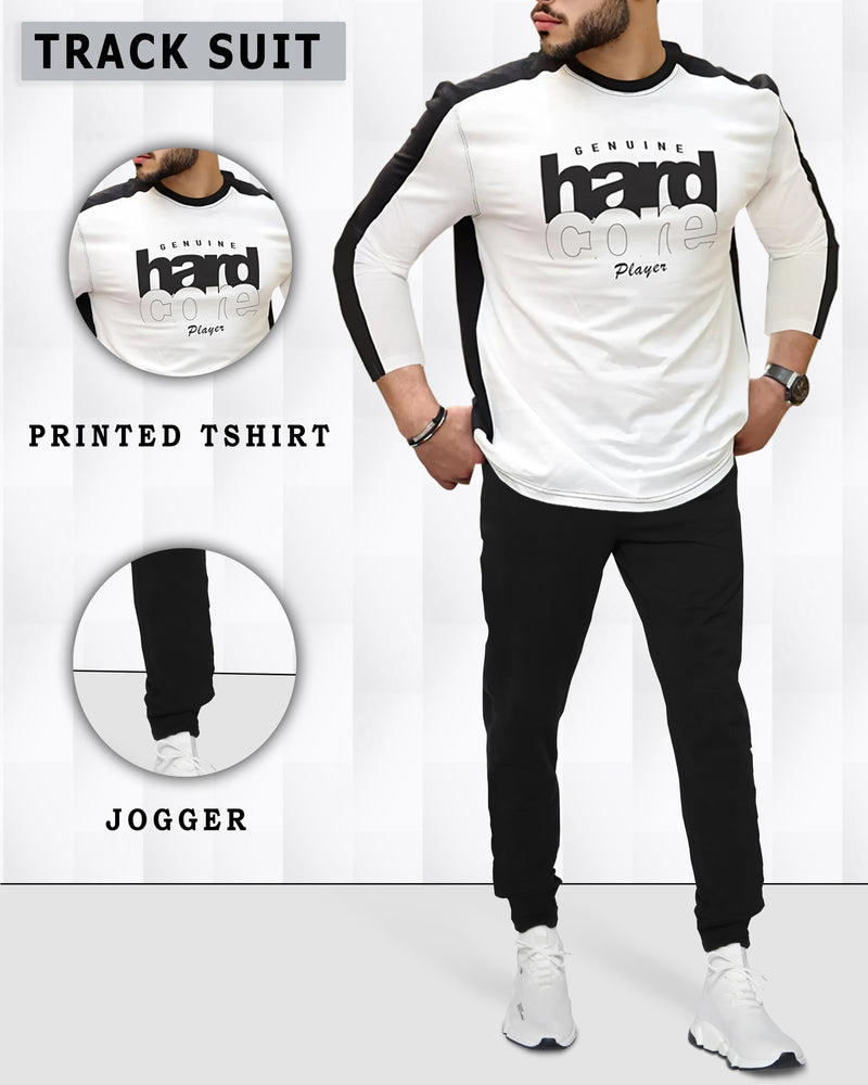 Mens Tracksuit - White-Black Full Sleeve Printed T-shirt with Black Jogger Pant