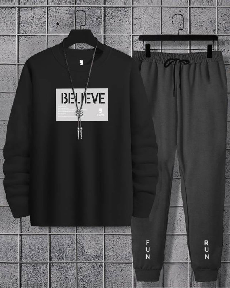 Tracksuit For Men Believe Black Printed T-shirt / Charcoal Black Trackpant