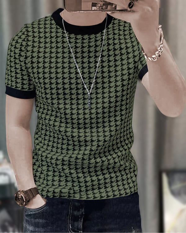 Men Printed Round Neck Olivegreen Black Contrast T-shirt