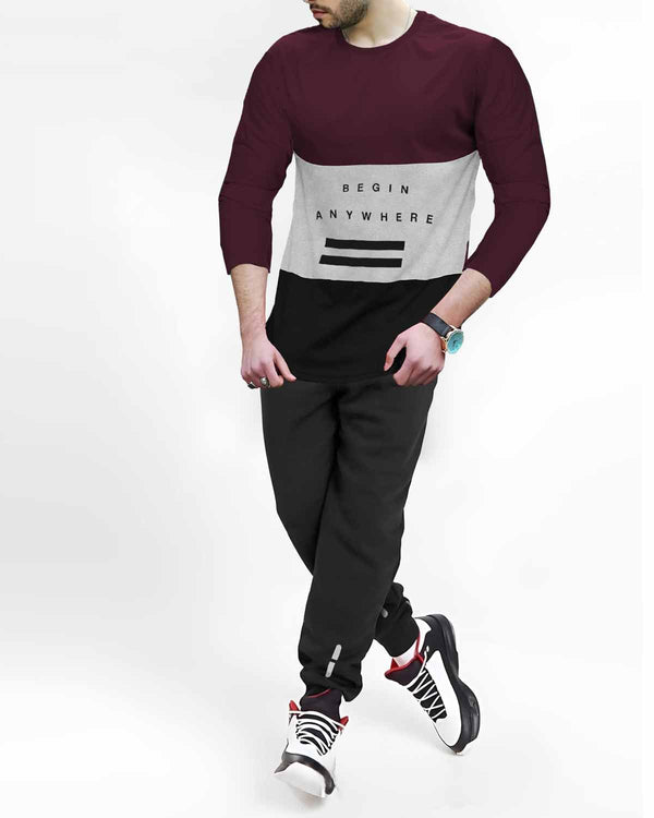 TRACKSUIT SET - Full Sleeve Maroon Color Block T-shirt | Black Trackpant