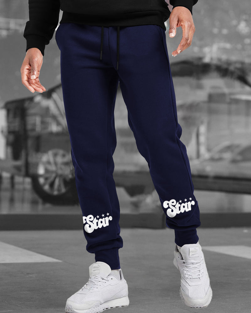 Men Navy Blue Drawstring Cotton Printed Jogger TrackPant