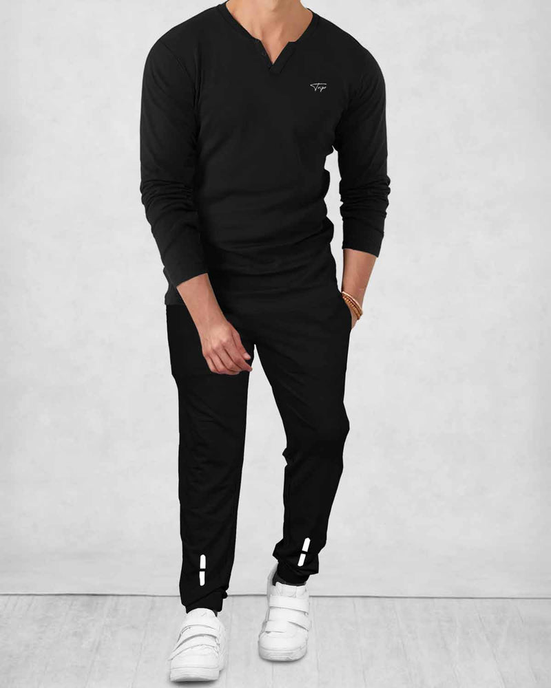 TRACKSUIT - MEN FULL SLEEVE V-NECK T-SHIRT BLACK | BLACK TRACKPANT