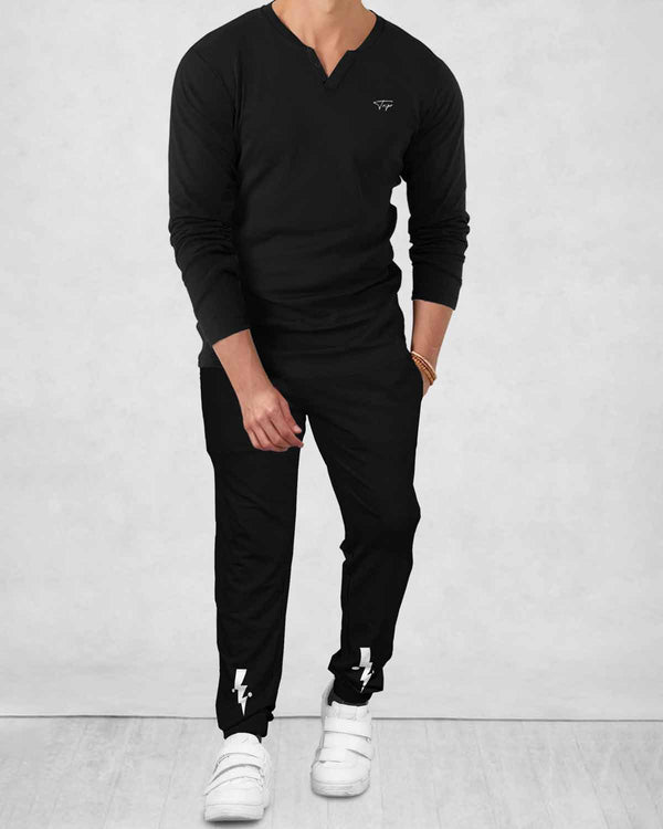 TRACKSUIT - MEN FULL SLEEVE V NECK T-SHIRT BLACK | BLACK TRACKPANT