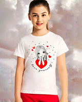 Girls White Graphic Printed Round Neck Half Sleeve T-Shirt