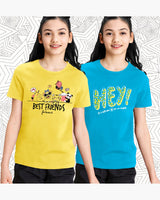 (Pack of 2) Girls Graphic Printed Round Neck Half Sleeve T-Shirts | Yellow | Skyblue