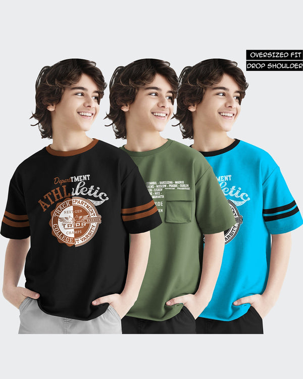 Pack of 3 Multicolor Kids T-Shirts Combo | Black-Olivegreen-Skyblue