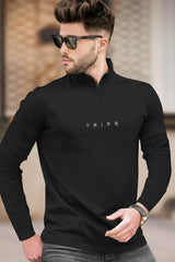 Men Solid Black Full Sleeve Zip Neck T-Shirt