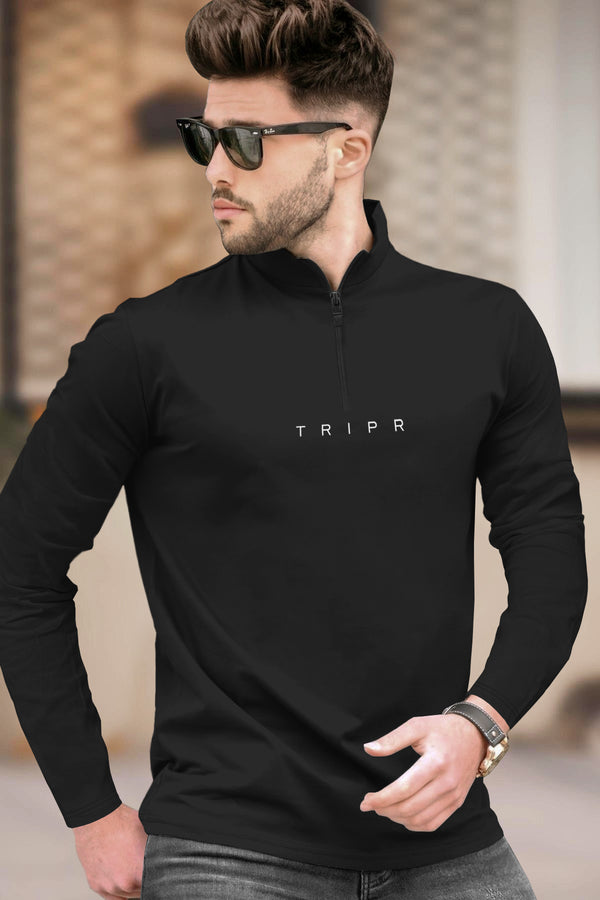 Men Solid Black Full Sleeve Zip High Neck T-Shirt