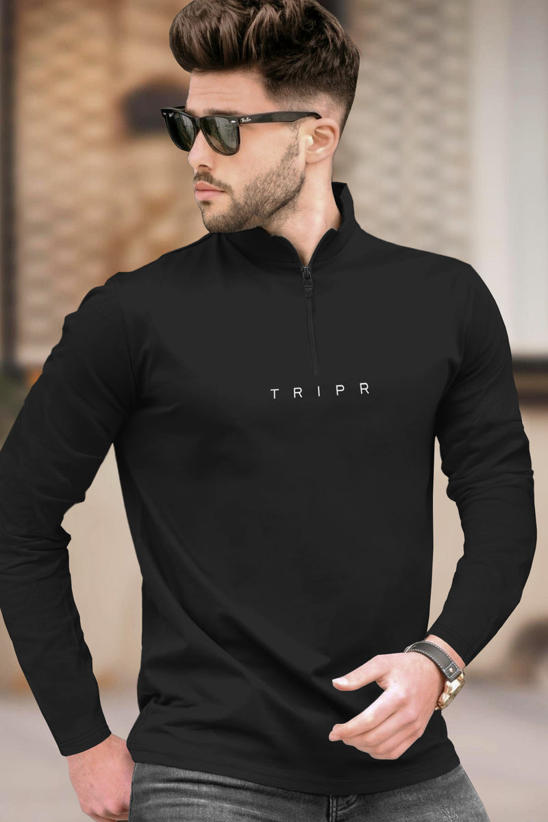 Men Solid Black Full Sleeve Zip Neck T-Shirt