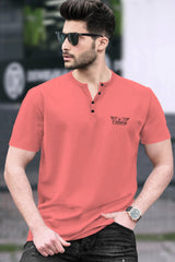 Men Printed Henley Neck Cotton Blend Pink T-Shirt