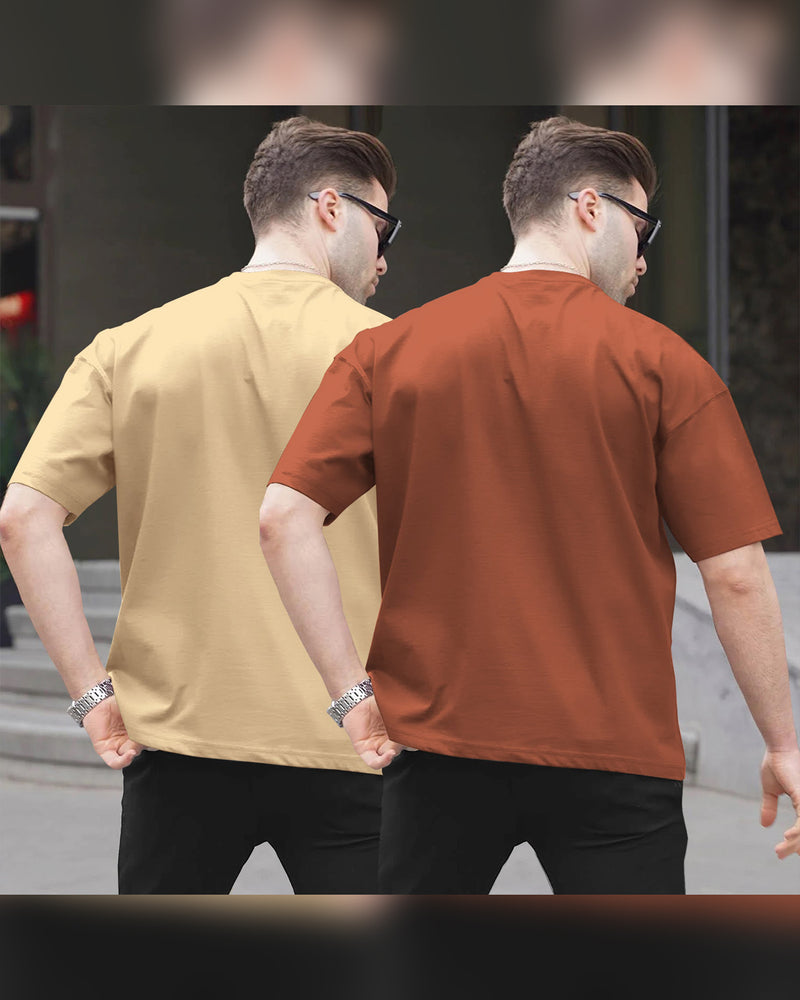 (Pack of 2) Men Oversized T-Shirt With Flap Pocket | Beige & Brown