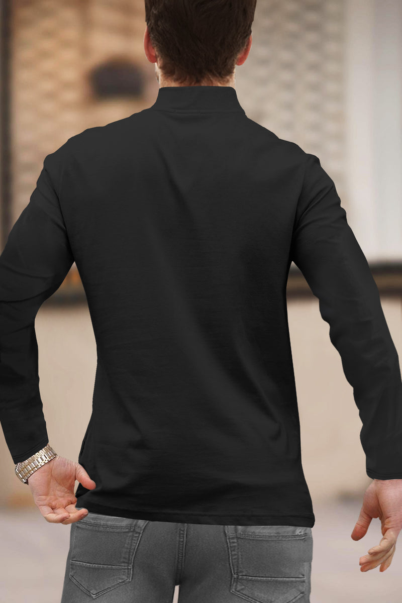 Men Solid Black Full Sleeve Zip Neck T-Shirt