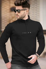 Men Solid Black Full Sleeve Zip Neck T-Shirt