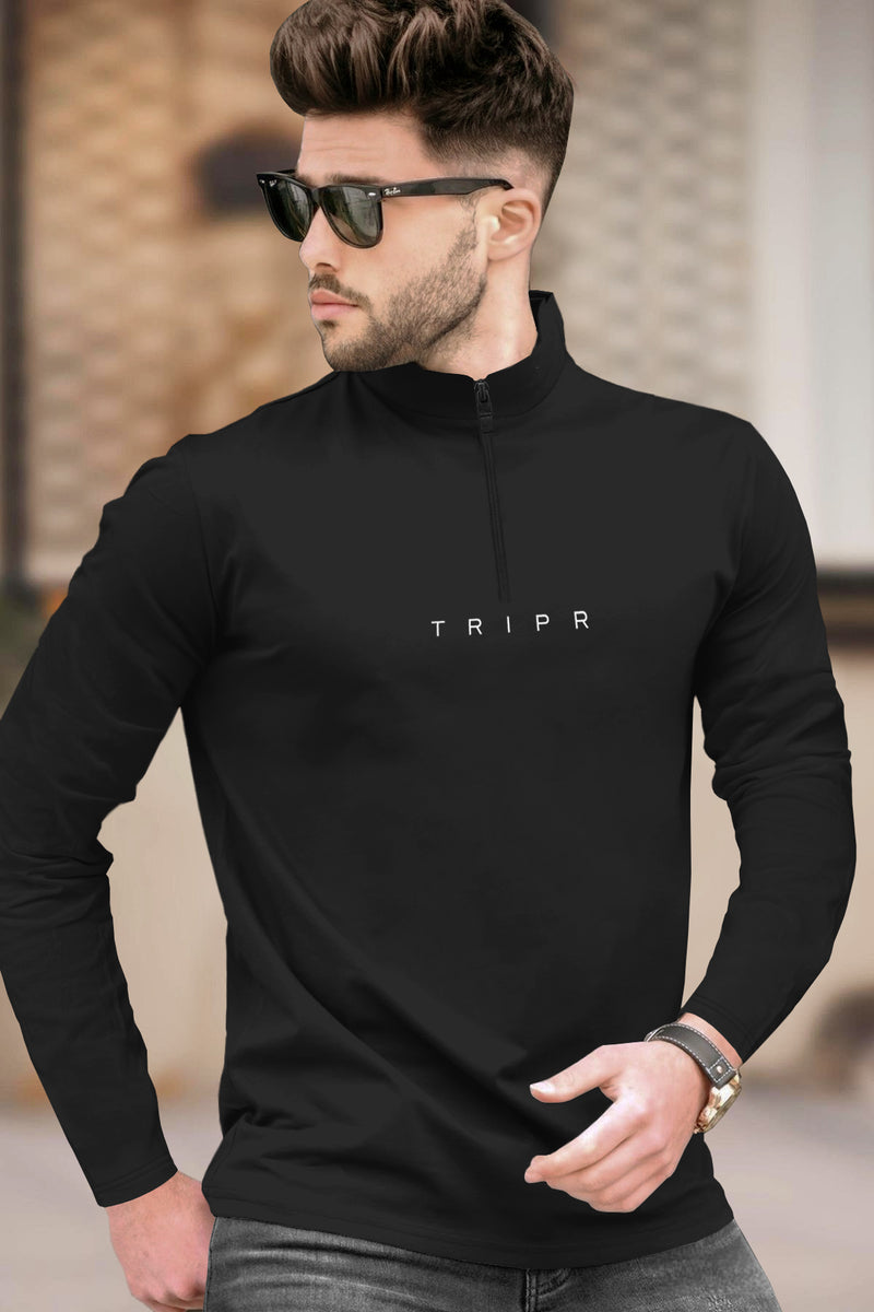 Men Solid Black Full Sleeve Zip High Neck T-Shirt