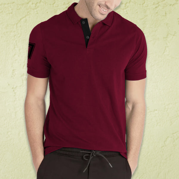 Men Solid Polo Neck Cotton Blend Maroon, Black T-Shirt