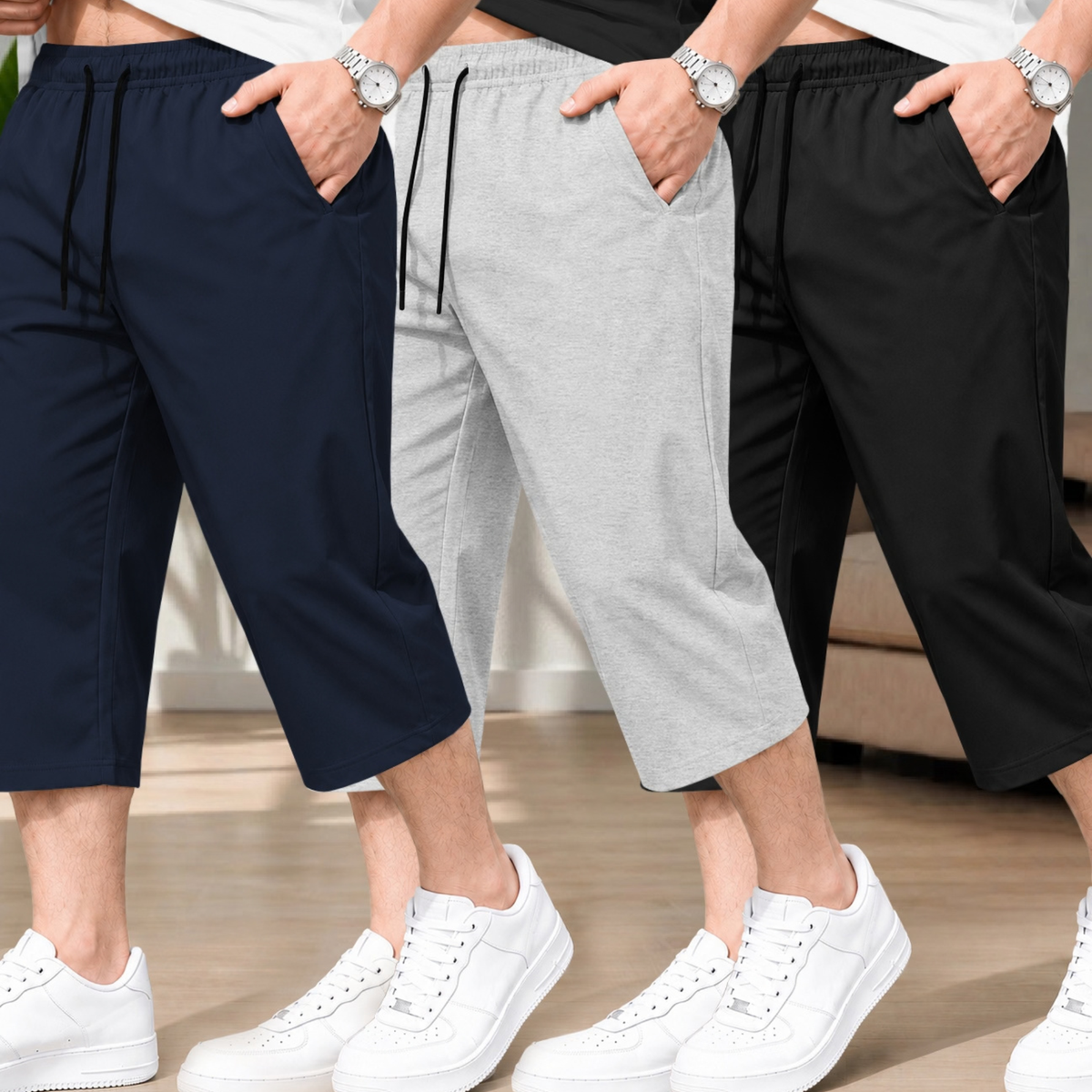 (Pack Of 3) Men Plain Three Fourth Shorts