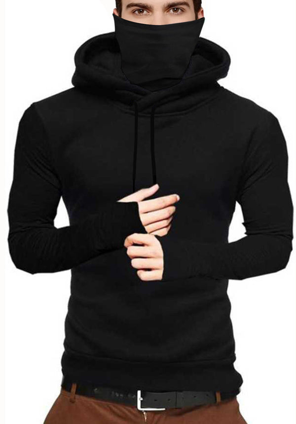 Men Full Sleeve Solid Black Hooded Mask Sweatshirt