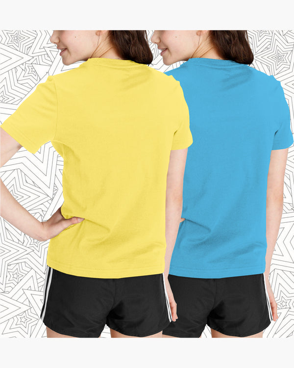 (Pack of 2) Girls Graphic Printed Round Neck Half Sleeve T-Shirts | Yellow | Skyblue