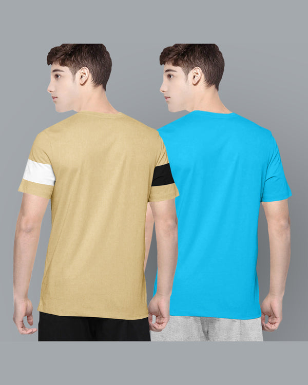 Pack of 2 Multicolor Kids Half Hand T-Shirts Combo | Beige Striped & Skyblue Text Printed