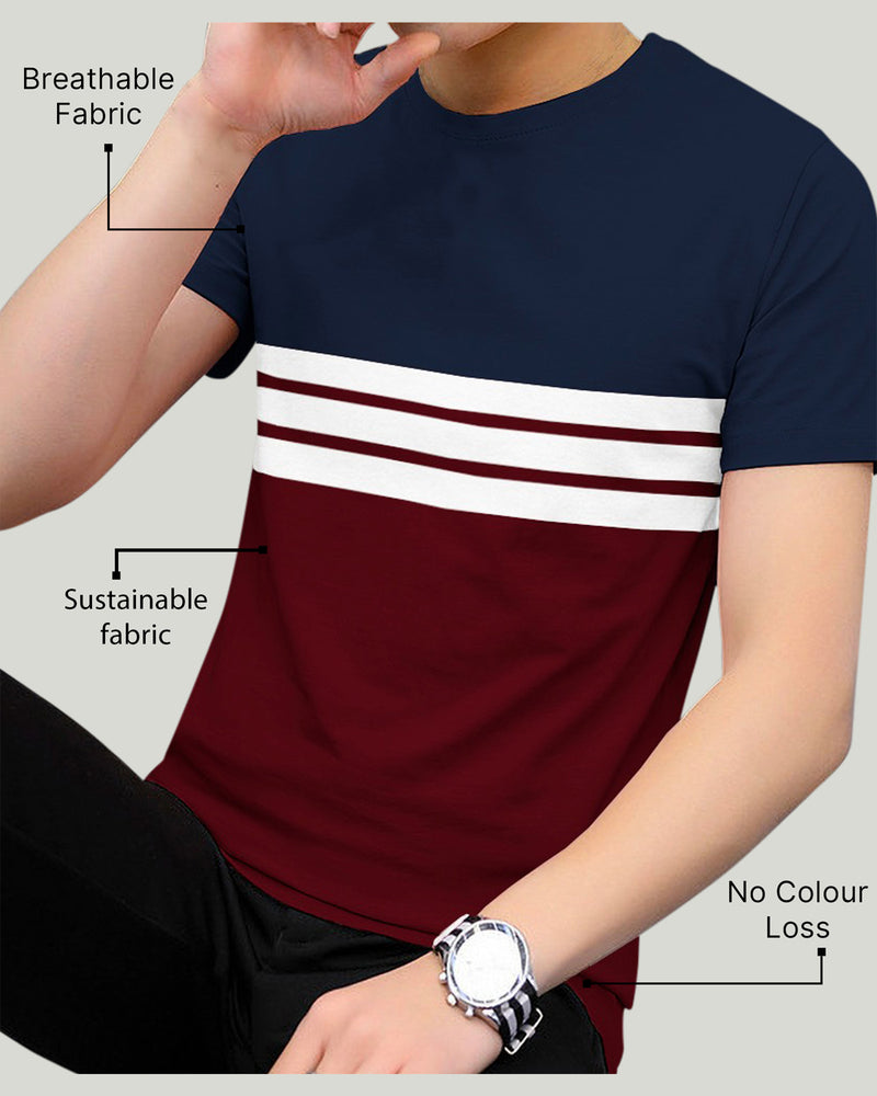 Men Navy Blue Striped Colorblock Round Neck T-shirt