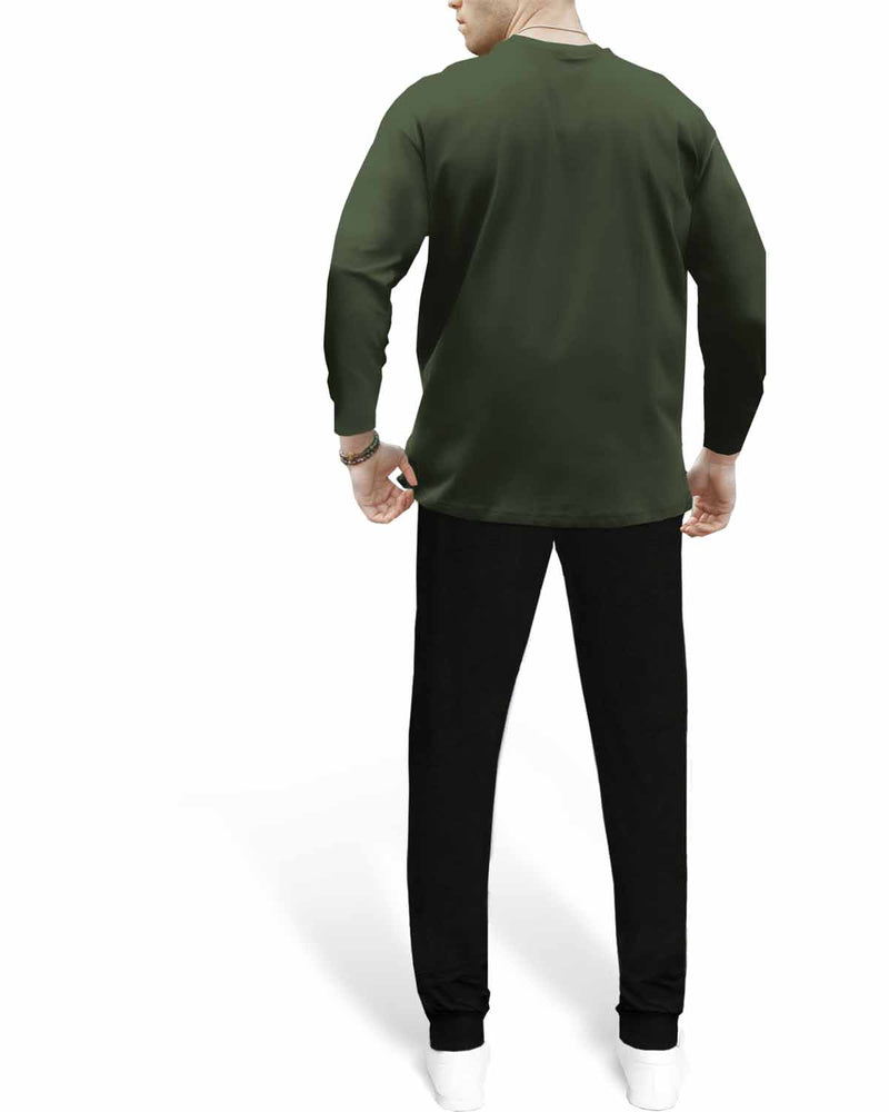 TRACKSUIT SET - Full Sleeve Olive Green Color Block T-shirt | Black Trackpant