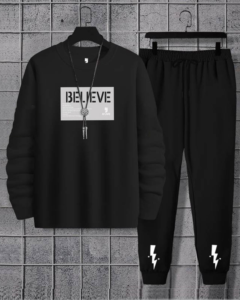 Men Believe Full Sleeve Black Printed Tracksuit