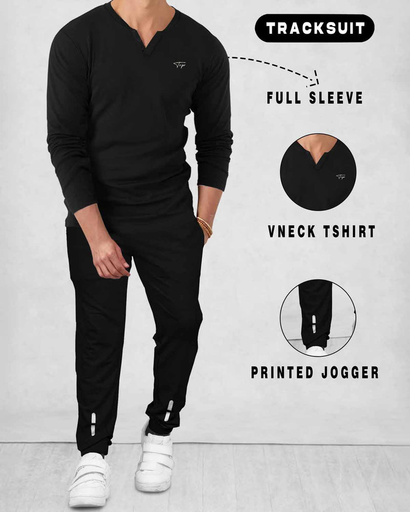 TRACKSUIT - MEN FULL SLEEVE V-NECK T-SHIRT BLACK | BLACK TRACKPANT