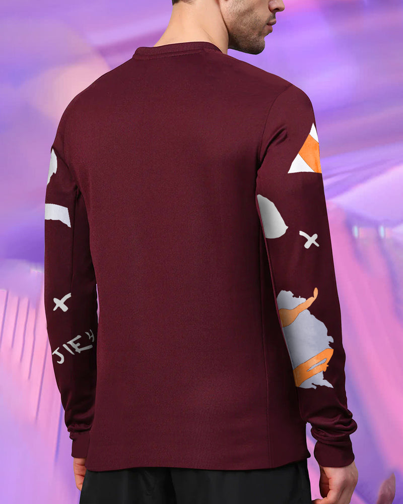 Men Full Sleeve Maroon Abstract Design T-shirt