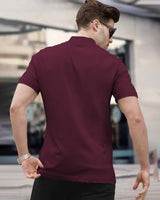 Men plain High Neck Maroon Short Sleeve Zipper T-Shirt