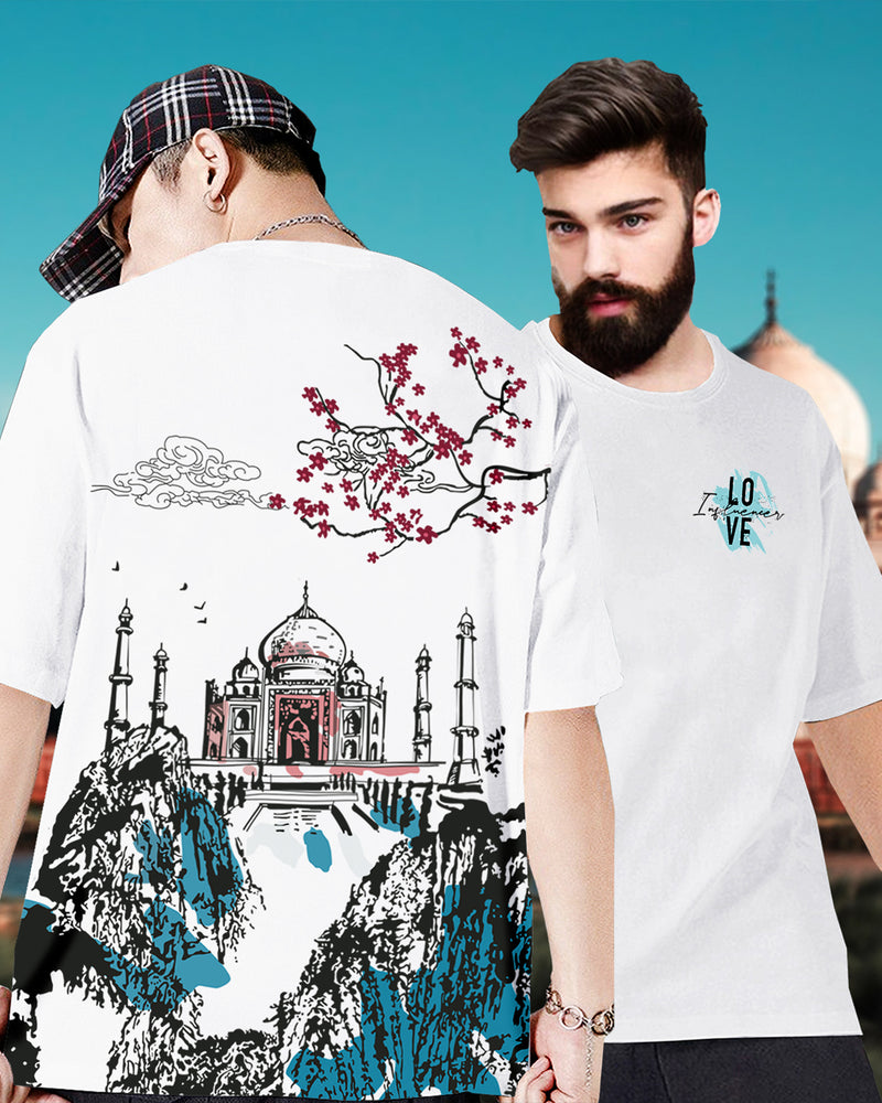 Men White Tajmahal Graphic Oversized T-shirt