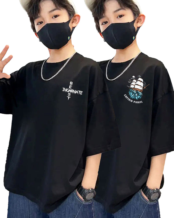 Pack of 2 Multicolor Kids Oversized T-Shirts Combo | Black PIRATE & BEAST Print