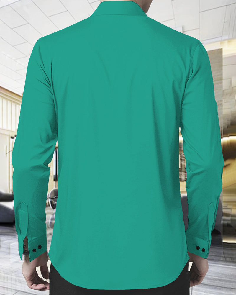 MEN MANDARIN COLLAR SEA GREEN FULL HAND PLAIN FORMAL SHIRT