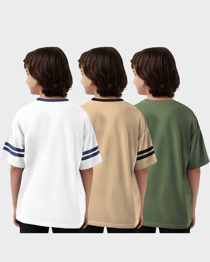 Pack of 3 Multicolor Kids T-Shirts Combo | White-Beige-Olivegreen