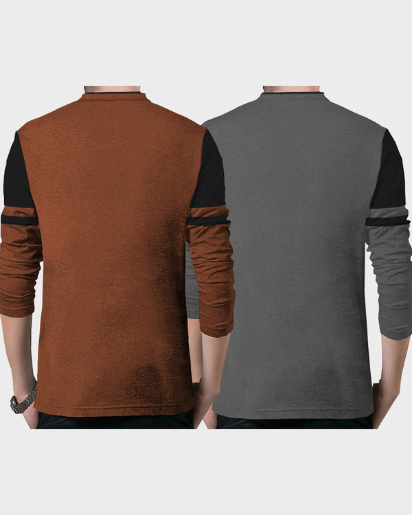 (Pack of 2) Men Henley T-shirts Combo | Brown | Grey