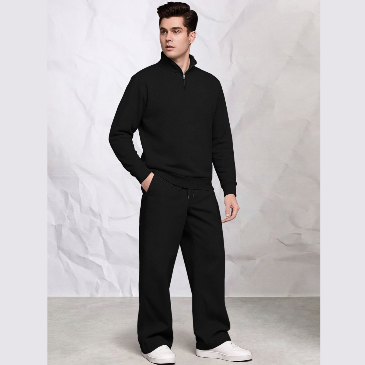 Tracksuit Men High Neck Sweatshirt & Matching Plain Loose Fit Trackpants