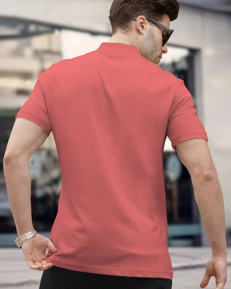 Men Pink High Neck Half Sleeve Zipper T-Shirt