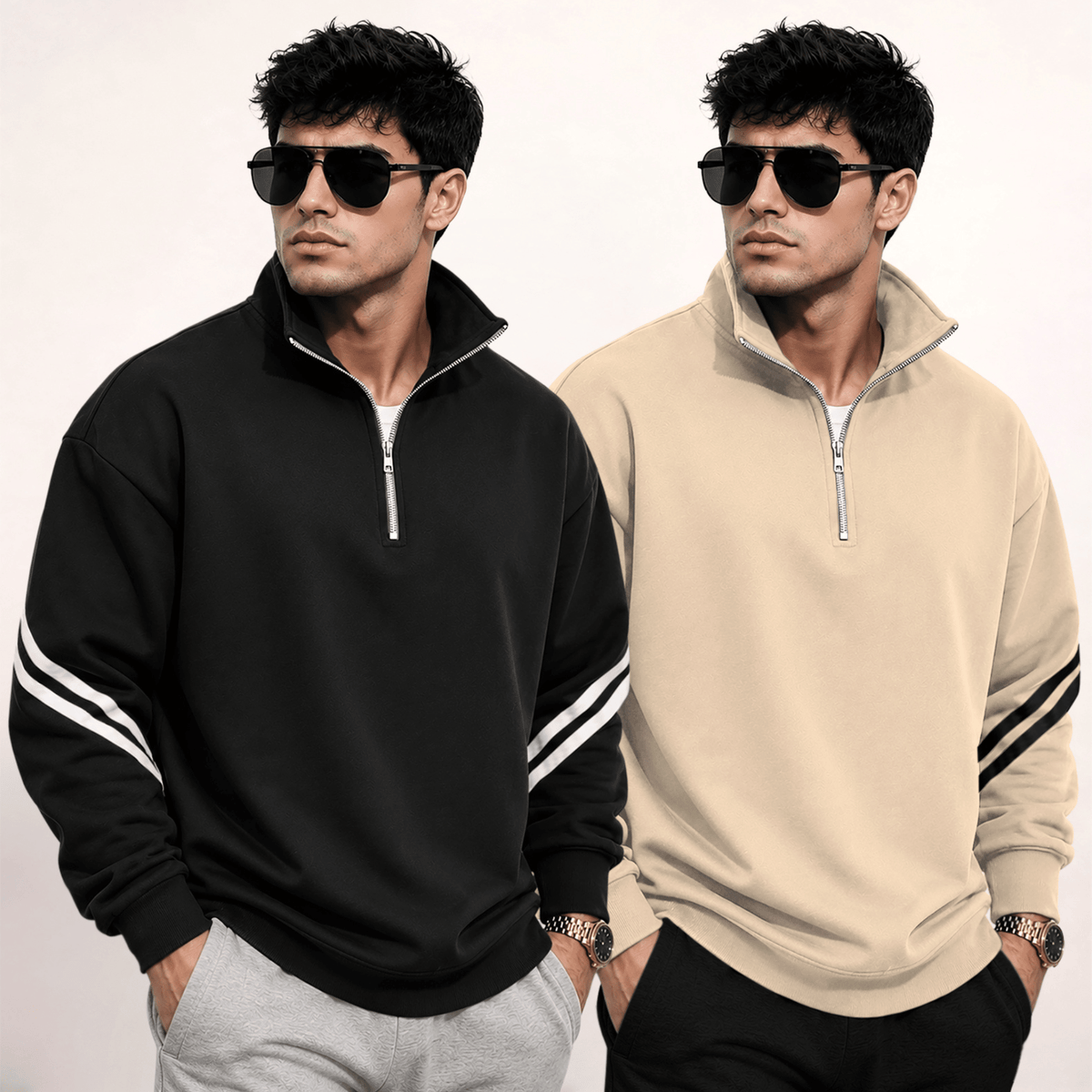 (Pack Of 2) High Neck Striped Sleeve Winter Sweatshirts