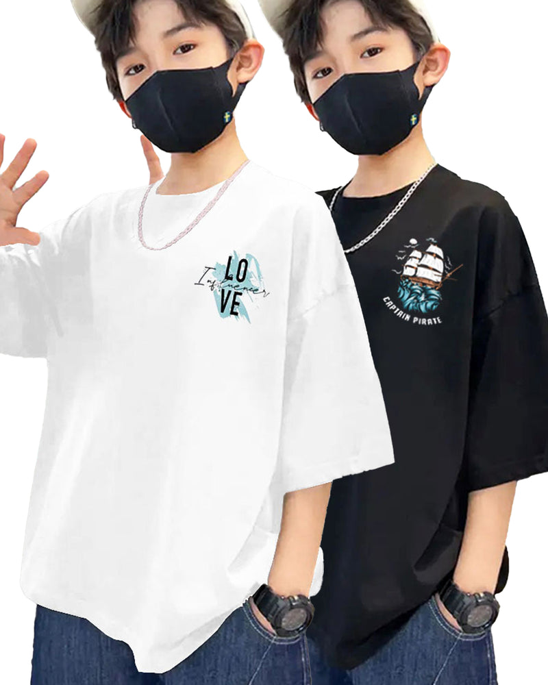 Pack of 2 Multicolor Kids Oversized T-Shirts Combo | White TAJMAHAL & Black PIRATE Print