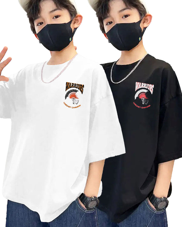 Pack of 2 Multicolor Kids Oversized T-Shirts Combo | White & Black WARRIORS Print