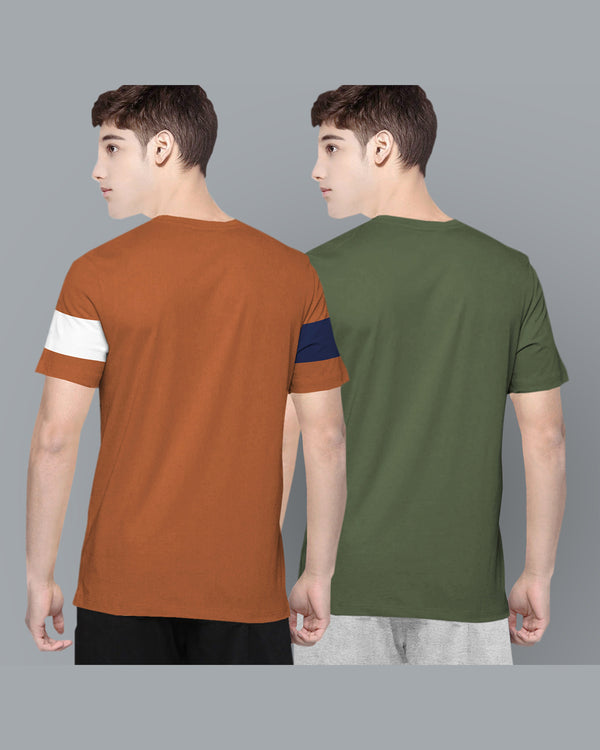 Pack of 2 Multicolor Kids Half Hand T-Shirts Combo | Brown Striped & Olivegreen Text Printed