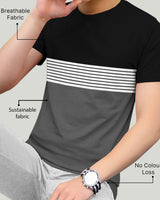 Men Round Neck Black Grey Colorblock Striped T-shirt