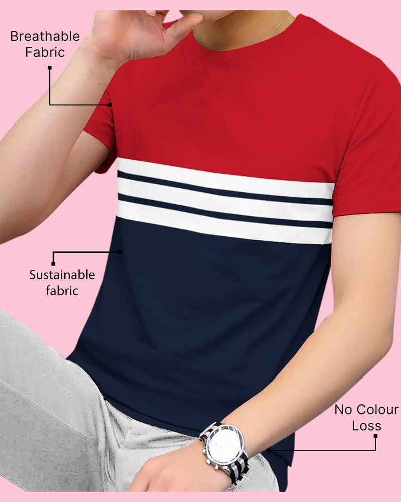 Men Half Sleeve Red Striped Round Neck T-shirt