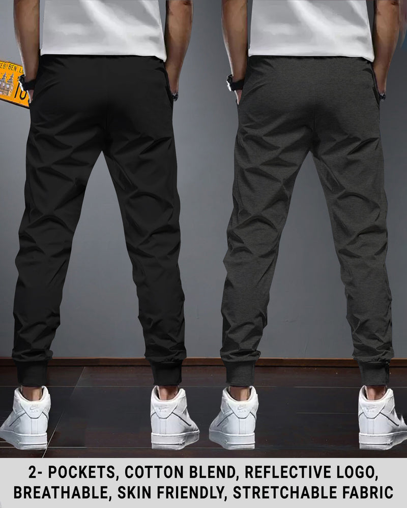 Men Cotton Sports Cuff Ankle Trackpants Combo (Pack of 2) | SolidBlack | CharcoalBlack
