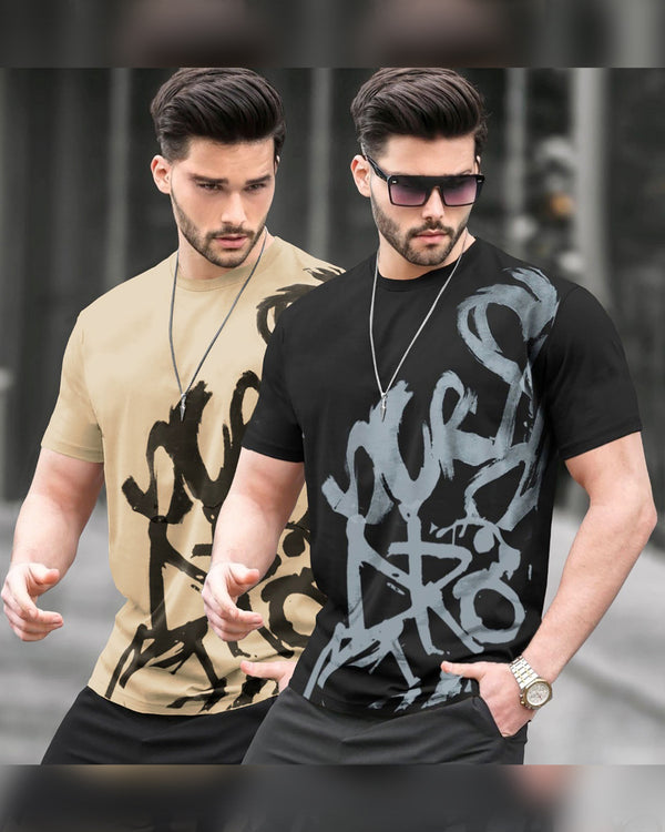 Pack of 2 Men Printed Round Neck Cotton Blend Multicolor T-Shirt